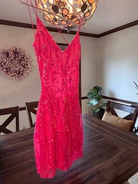 B Darlin Hot Pink Beaded Mini Dress with Spaghetti Straps